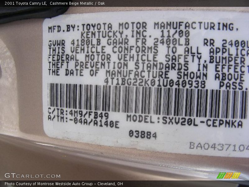 Cashmere Beige Metallic / Oak 2001 Toyota Camry LE