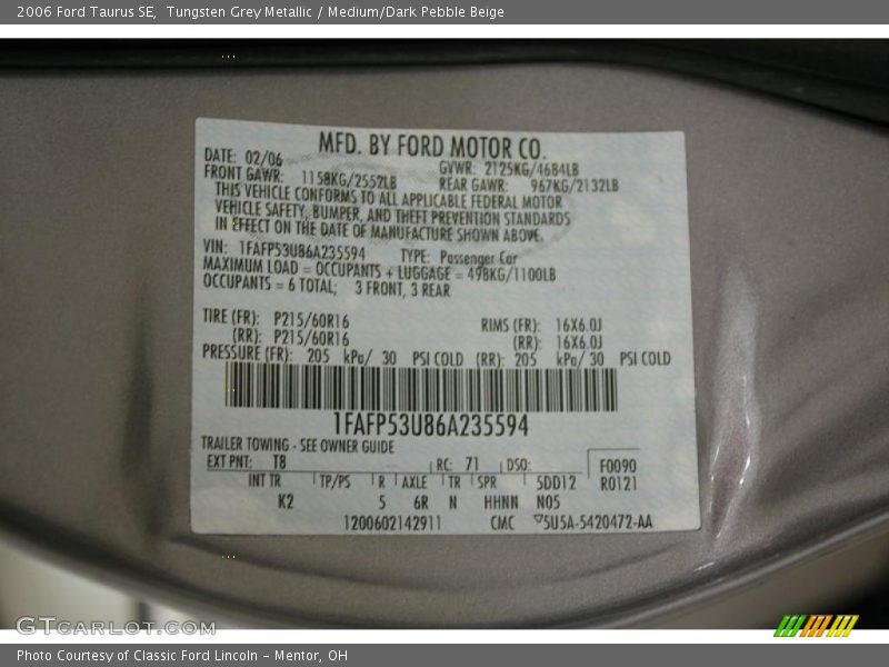 Tungsten Grey Metallic / Medium/Dark Pebble Beige 2006 Ford Taurus SE