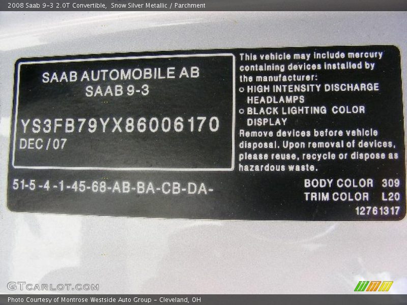 Snow Silver Metallic / Parchment 2008 Saab 9-3 2.0T Convertible