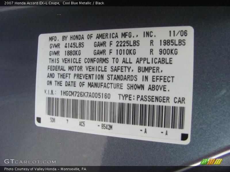 Cool Blue Metallic / Black 2007 Honda Accord EX-L Coupe
