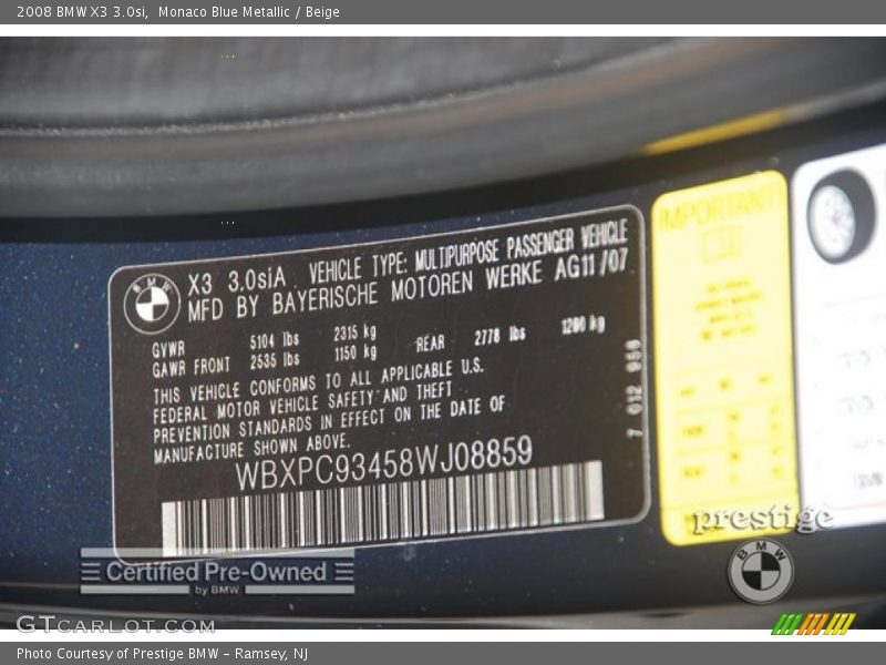Monaco Blue Metallic / Beige 2008 BMW X3 3.0si