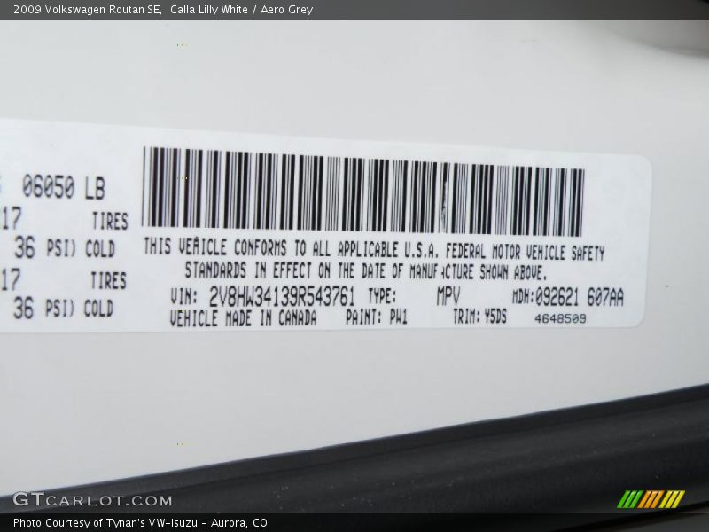 Calla Lilly White / Aero Grey 2009 Volkswagen Routan SE