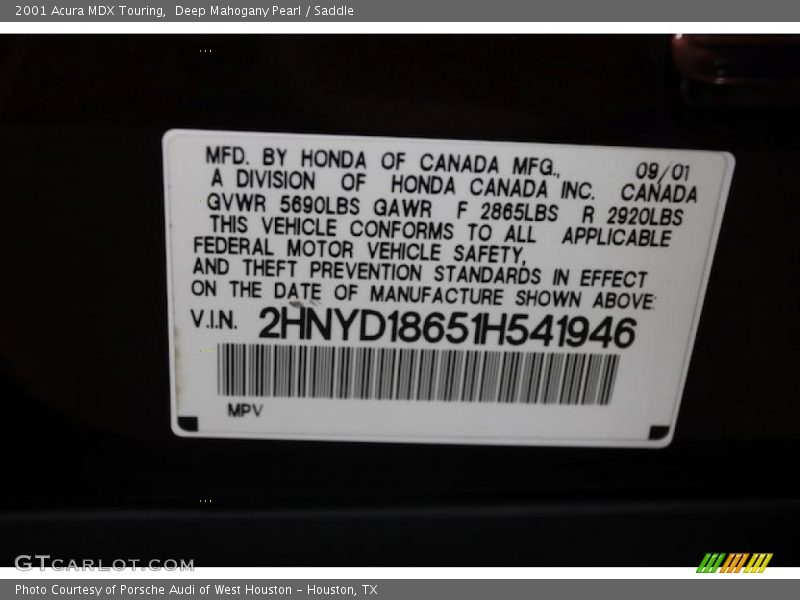 Deep Mahogany Pearl / Saddle 2001 Acura MDX Touring