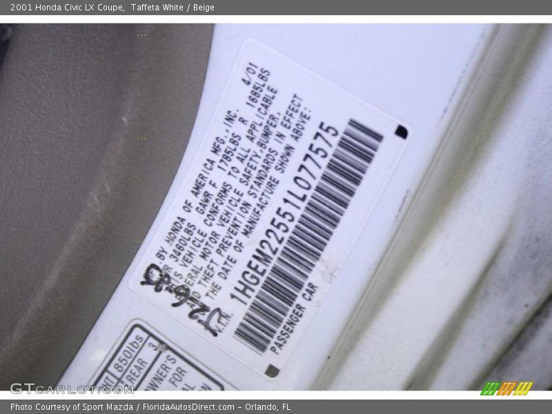 Taffeta White / Beige 2001 Honda Civic LX Coupe