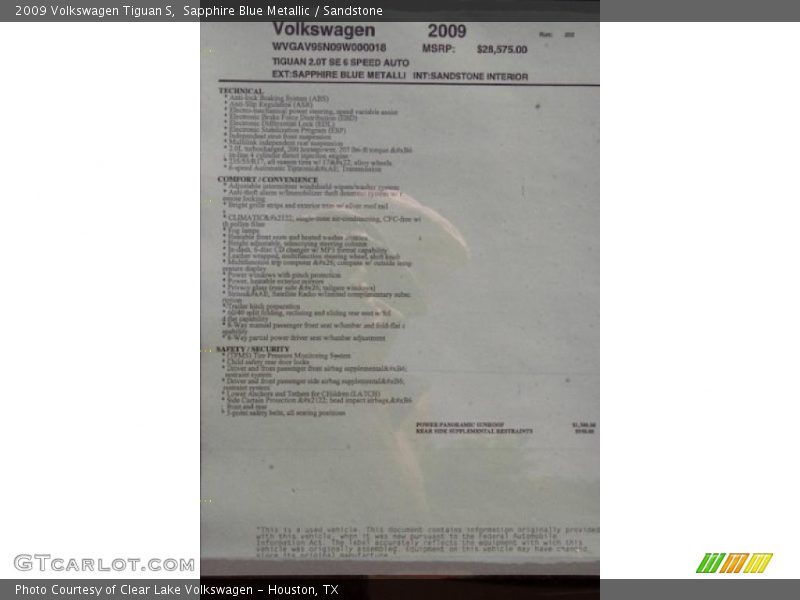 Sapphire Blue Metallic / Sandstone 2009 Volkswagen Tiguan S