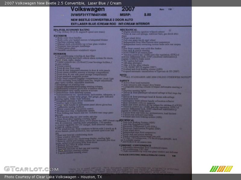 Laser Blue / Cream 2007 Volkswagen New Beetle 2.5 Convertible