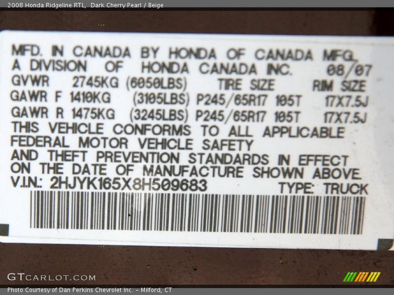 Dark Cherry Pearl / Beige 2008 Honda Ridgeline RTL