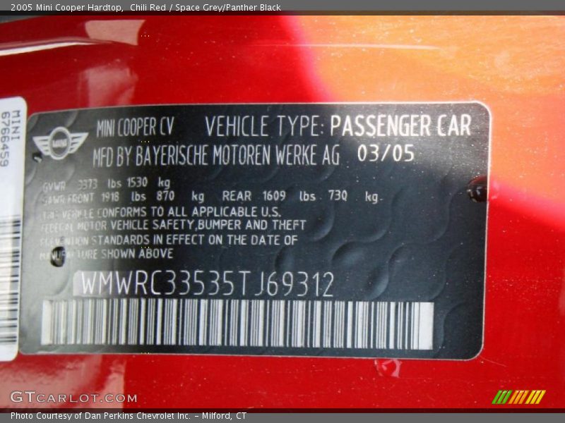 Chili Red / Space Grey/Panther Black 2005 Mini Cooper Hardtop