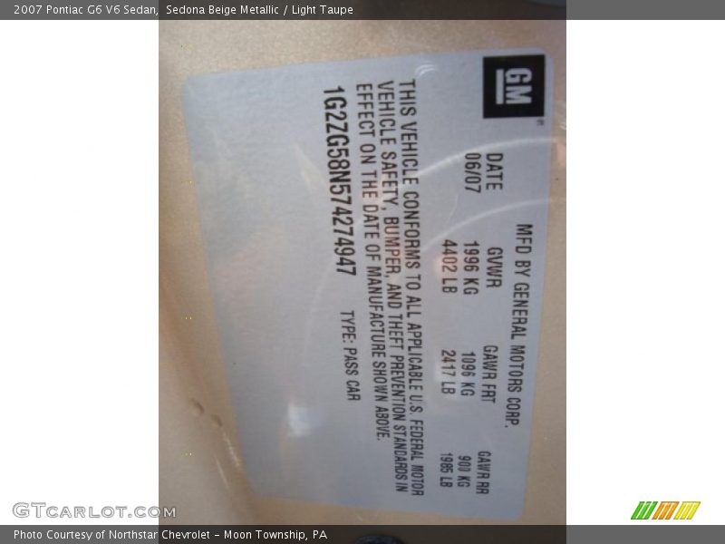Sedona Beige Metallic / Light Taupe 2007 Pontiac G6 V6 Sedan