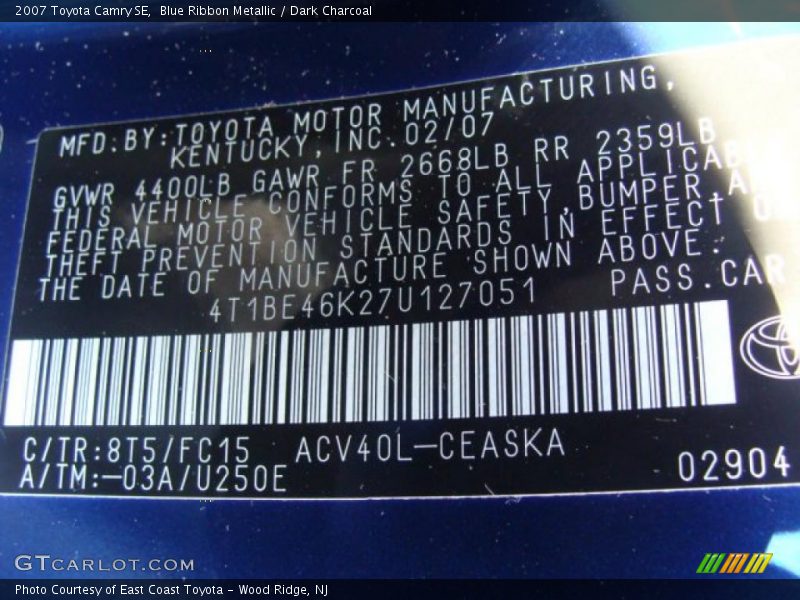 Blue Ribbon Metallic / Dark Charcoal 2007 Toyota Camry SE