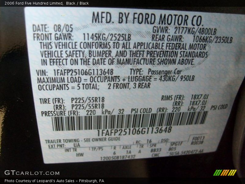 Black / Black 2006 Ford Five Hundred Limited