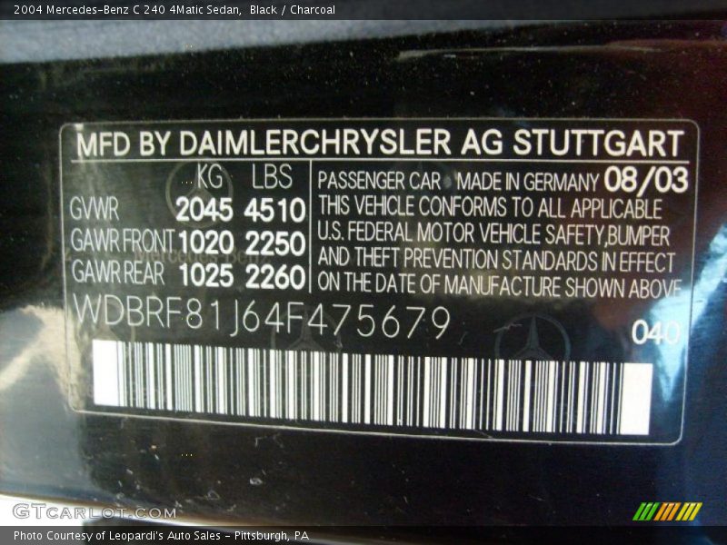 Black / Charcoal 2004 Mercedes-Benz C 240 4Matic Sedan