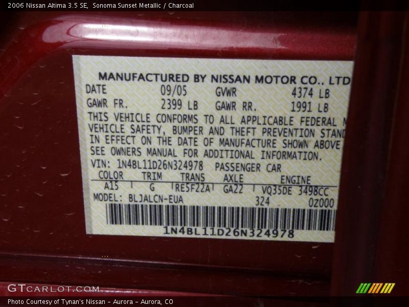 Sonoma Sunset Metallic / Charcoal 2006 Nissan Altima 3.5 SE