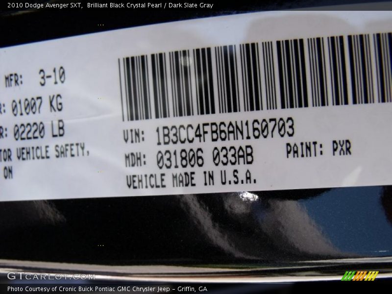 Brilliant Black Crystal Pearl / Dark Slate Gray 2010 Dodge Avenger SXT