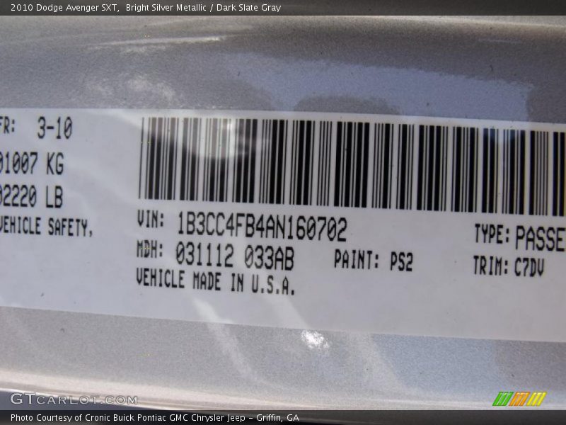 Bright Silver Metallic / Dark Slate Gray 2010 Dodge Avenger SXT