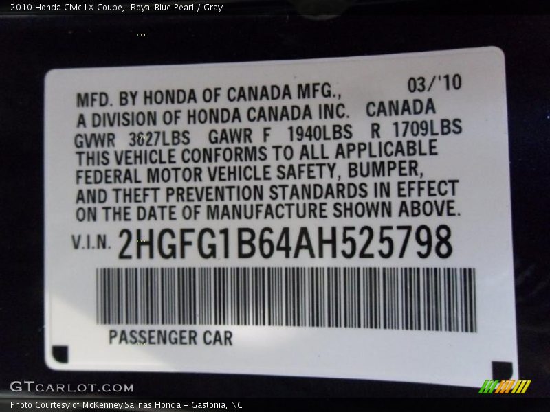 Royal Blue Pearl / Gray 2010 Honda Civic LX Coupe