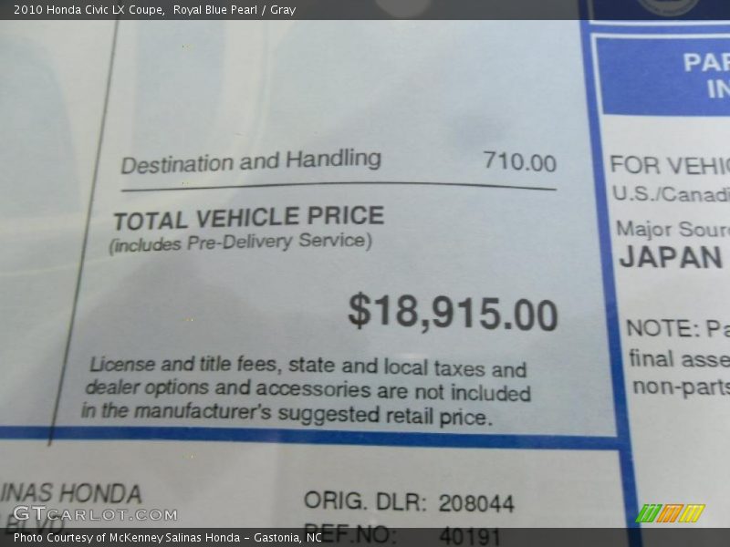 Royal Blue Pearl / Gray 2010 Honda Civic LX Coupe