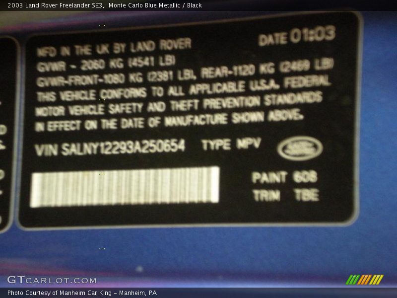 Monte Carlo Blue Metallic / Black 2003 Land Rover Freelander SE3