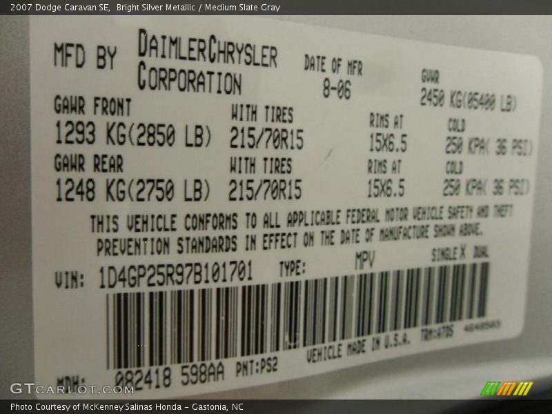 Bright Silver Metallic / Medium Slate Gray 2007 Dodge Caravan SE