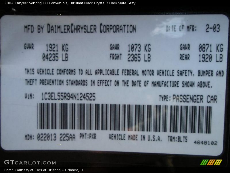 Brilliant Black Crystal / Dark Slate Gray 2004 Chrysler Sebring LXi Convertible