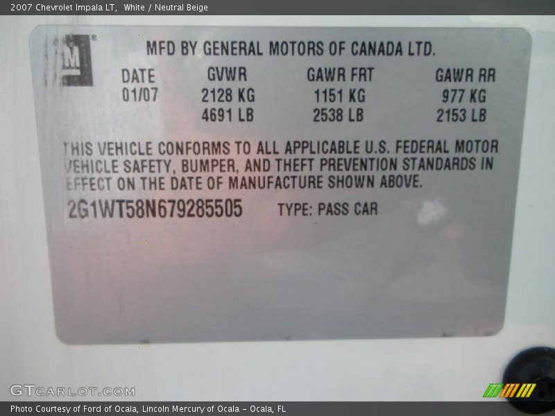 White / Neutral Beige 2007 Chevrolet Impala LT