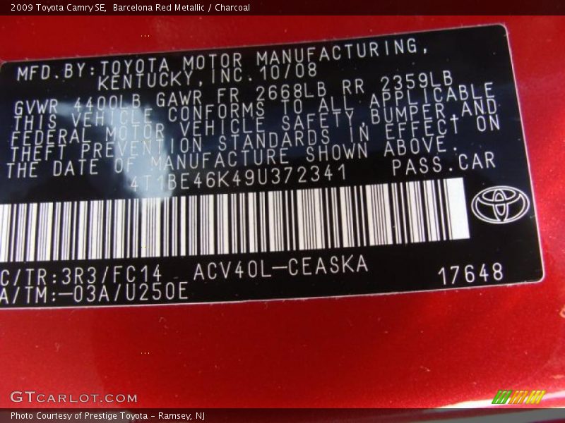 Barcelona Red Metallic / Charcoal 2009 Toyota Camry SE