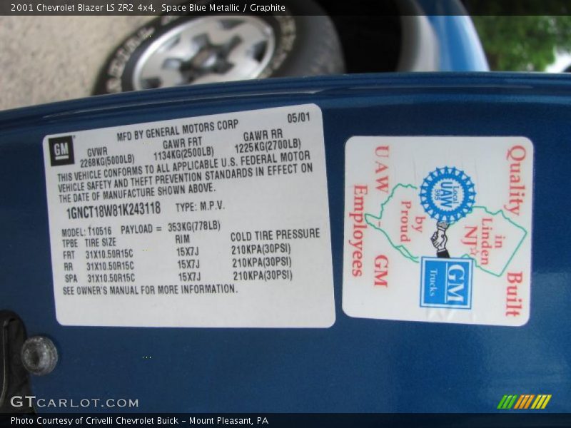Space Blue Metallic / Graphite 2001 Chevrolet Blazer LS ZR2 4x4