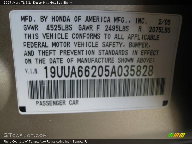 Desert Mist Metallic / Ebony 2005 Acura TL 3.2