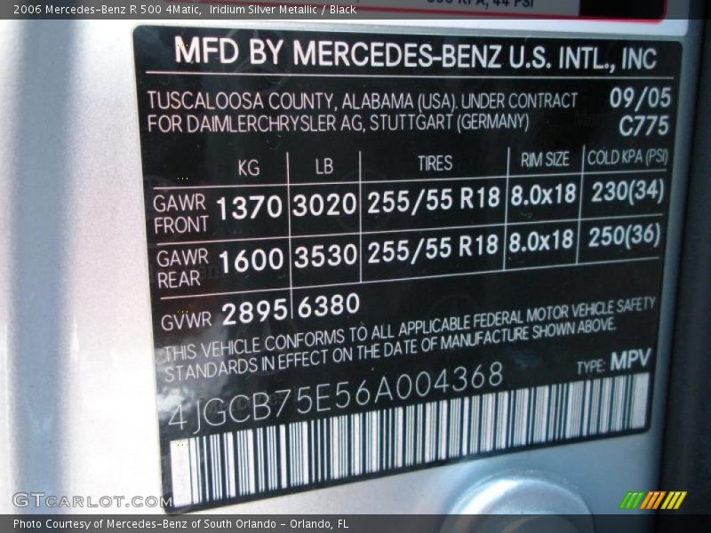 Iridium Silver Metallic / Black 2006 Mercedes-Benz R 500 4Matic