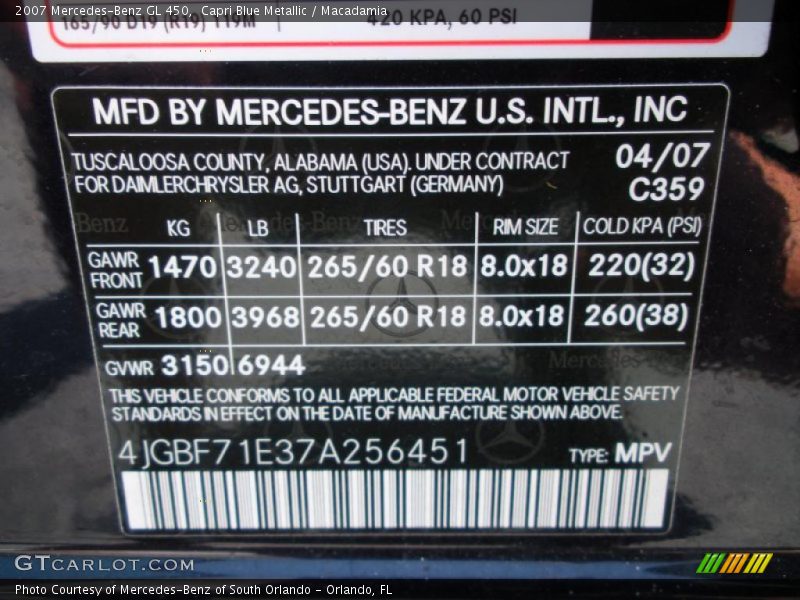 Capri Blue Metallic / Macadamia 2007 Mercedes-Benz GL 450