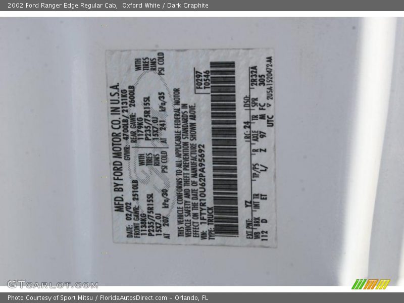 Oxford White / Dark Graphite 2002 Ford Ranger Edge Regular Cab