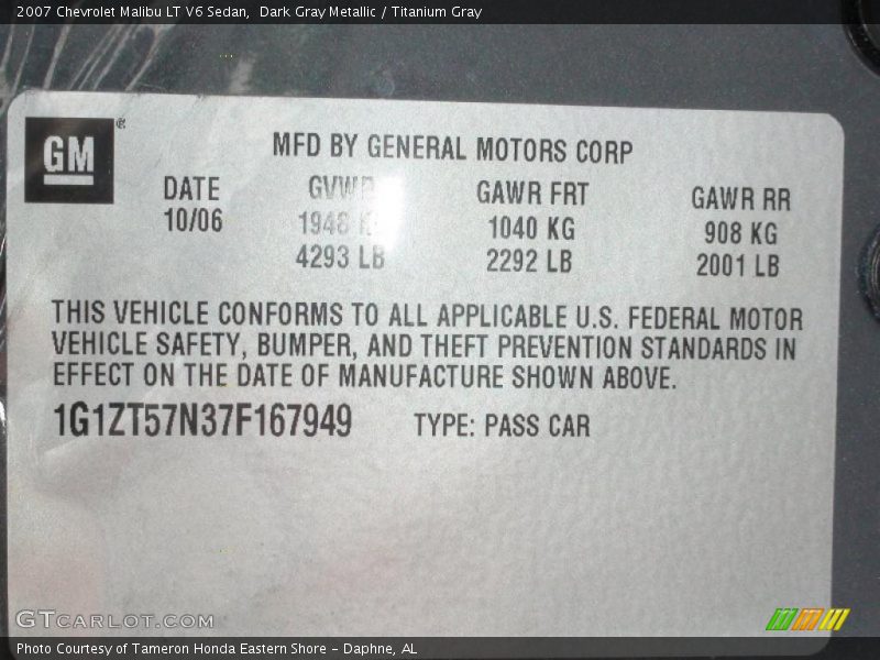 Dark Gray Metallic / Titanium Gray 2007 Chevrolet Malibu LT V6 Sedan