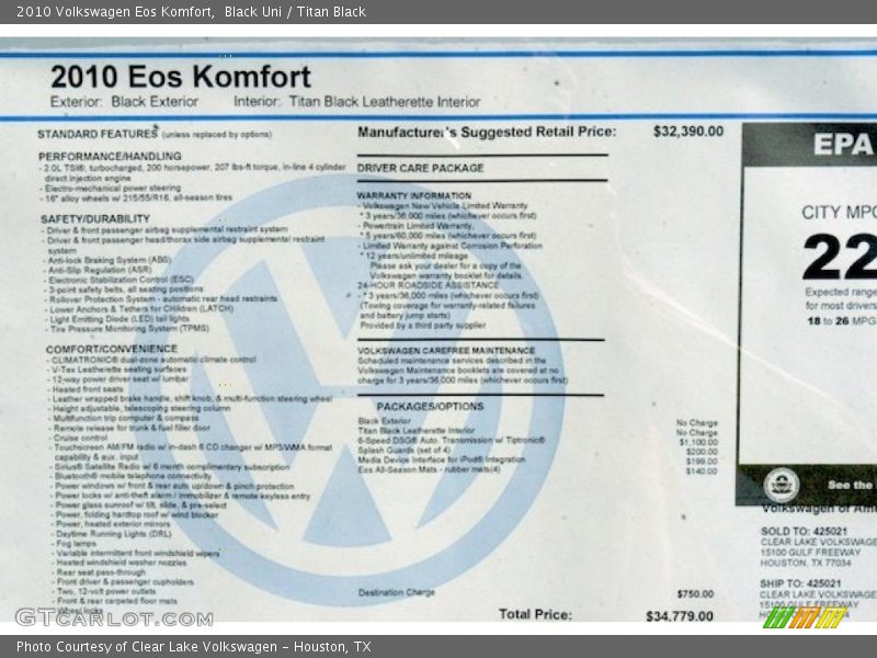 Black Uni / Titan Black 2010 Volkswagen Eos Komfort