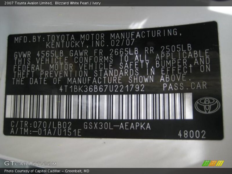 Blizzard White Pearl / Ivory 2007 Toyota Avalon Limited