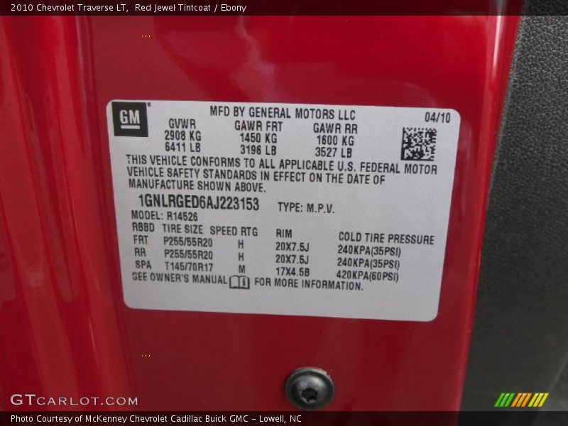 Red Jewel Tintcoat / Ebony 2010 Chevrolet Traverse LT