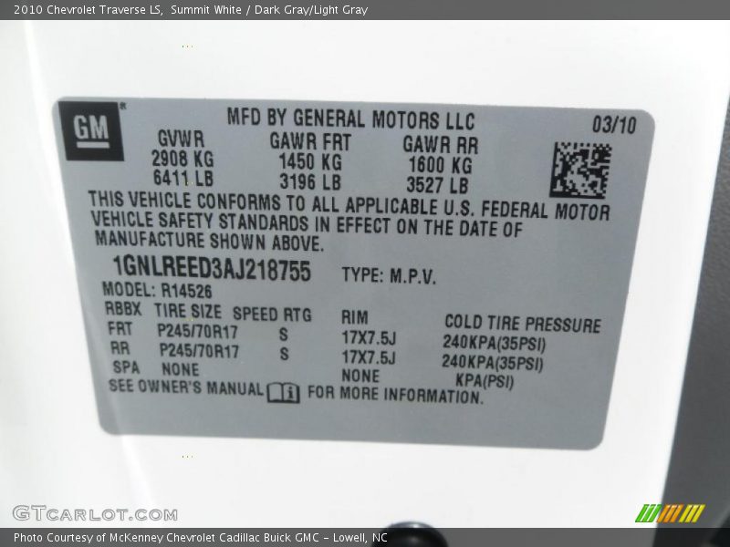Summit White / Dark Gray/Light Gray 2010 Chevrolet Traverse LS