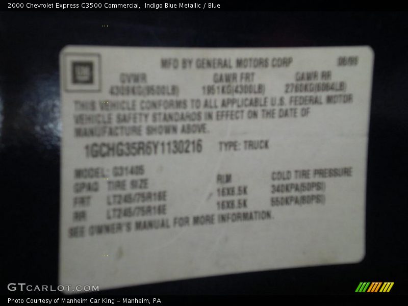 Indigo Blue Metallic / Blue 2000 Chevrolet Express G3500 Commercial