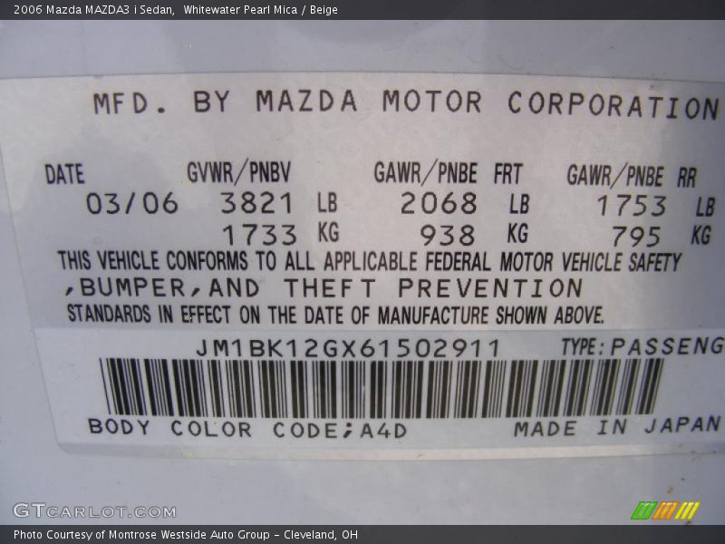 Whitewater Pearl Mica / Beige 2006 Mazda MAZDA3 i Sedan