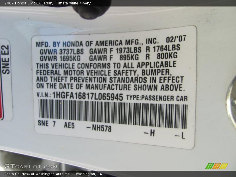 Taffeta White / Ivory 2007 Honda Civic EX Sedan