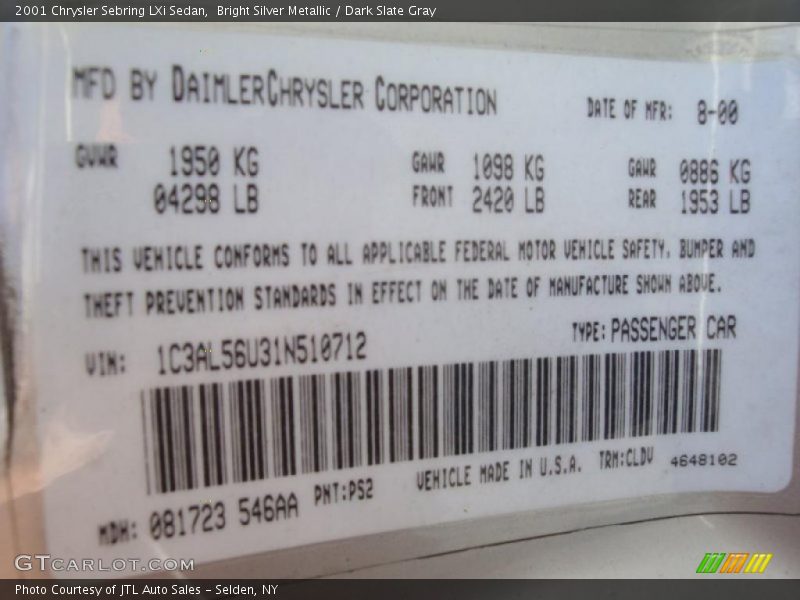 Bright Silver Metallic / Dark Slate Gray 2001 Chrysler Sebring LXi Sedan