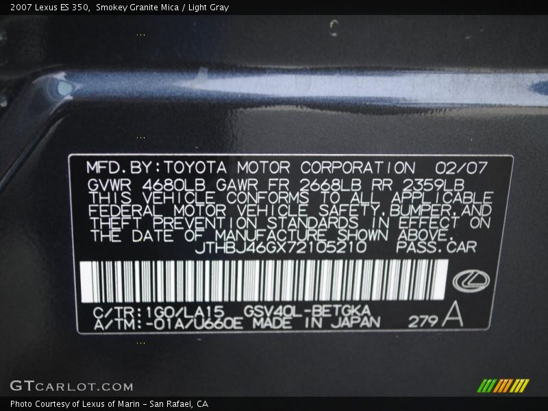 Smokey Granite Mica / Light Gray 2007 Lexus ES 350
