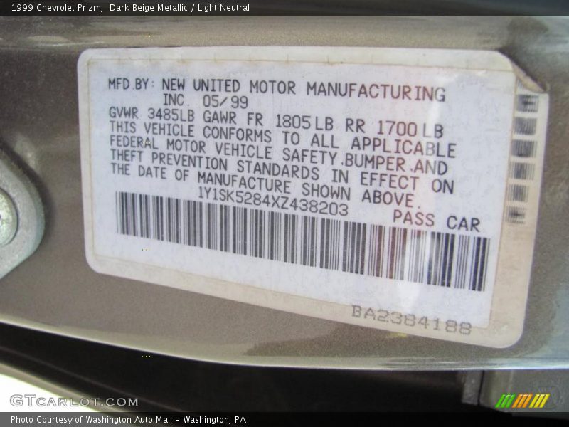 Dark Beige Metallic / Light Neutral 1999 Chevrolet Prizm