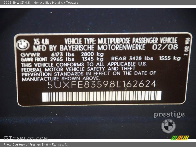 Monaco Blue Metallic / Tobacco 2008 BMW X5 4.8i