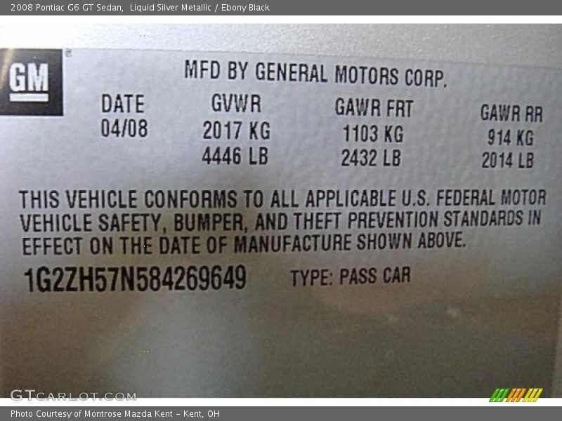 Liquid Silver Metallic / Ebony Black 2008 Pontiac G6 GT Sedan