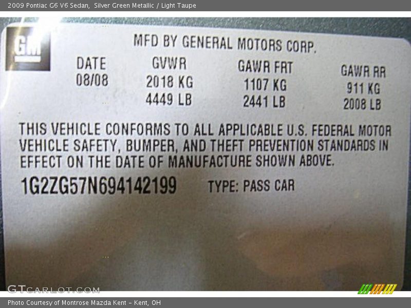 Silver Green Metallic / Light Taupe 2009 Pontiac G6 V6 Sedan