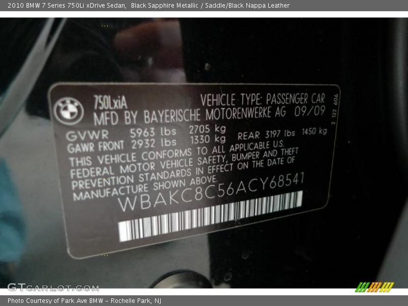 Black Sapphire Metallic / Saddle/Black Nappa Leather 2010 BMW 7 Series 750Li xDrive Sedan