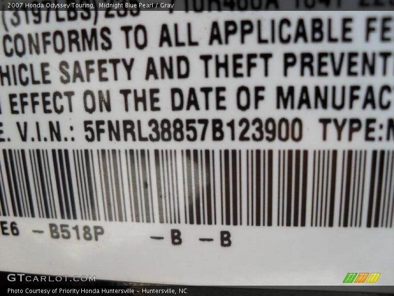 Midnight Blue Pearl / Gray 2007 Honda Odyssey Touring