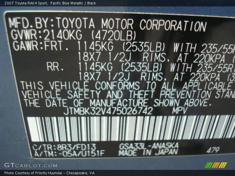Pacific Blue Metallic / Black 2007 Toyota RAV4 Sport