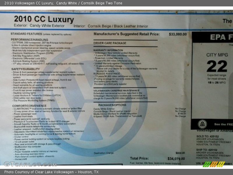 Candy White / Cornsilk Beige Two Tone 2010 Volkswagen CC Luxury