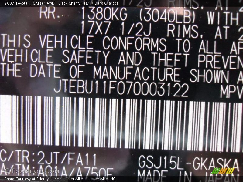 Black Cherry Pearl / Dark Charcoal 2007 Toyota FJ Cruiser 4WD